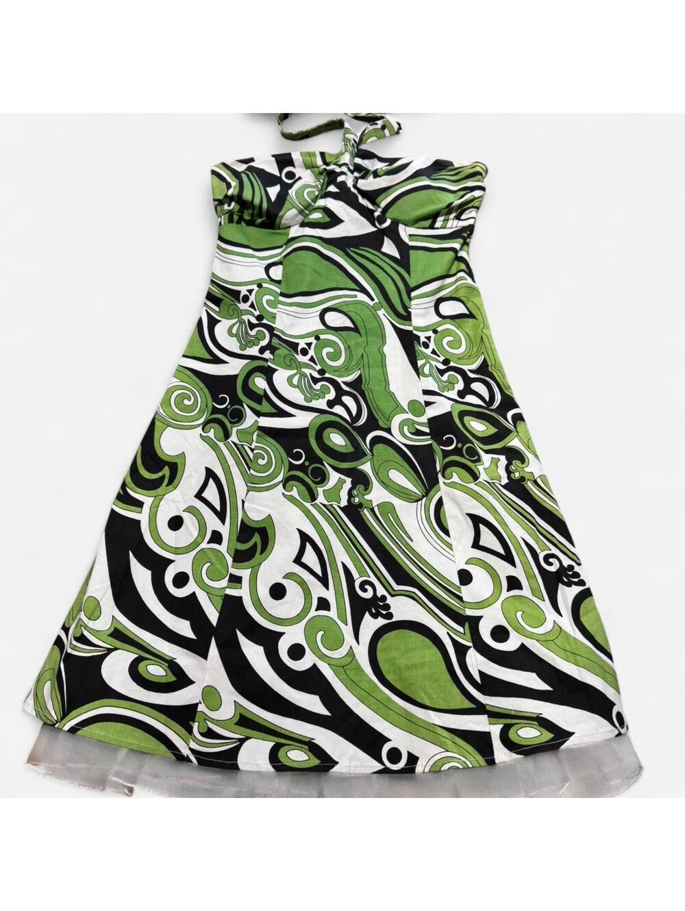 Iz Byer Y2K green patterned halter knee length dress, size 7